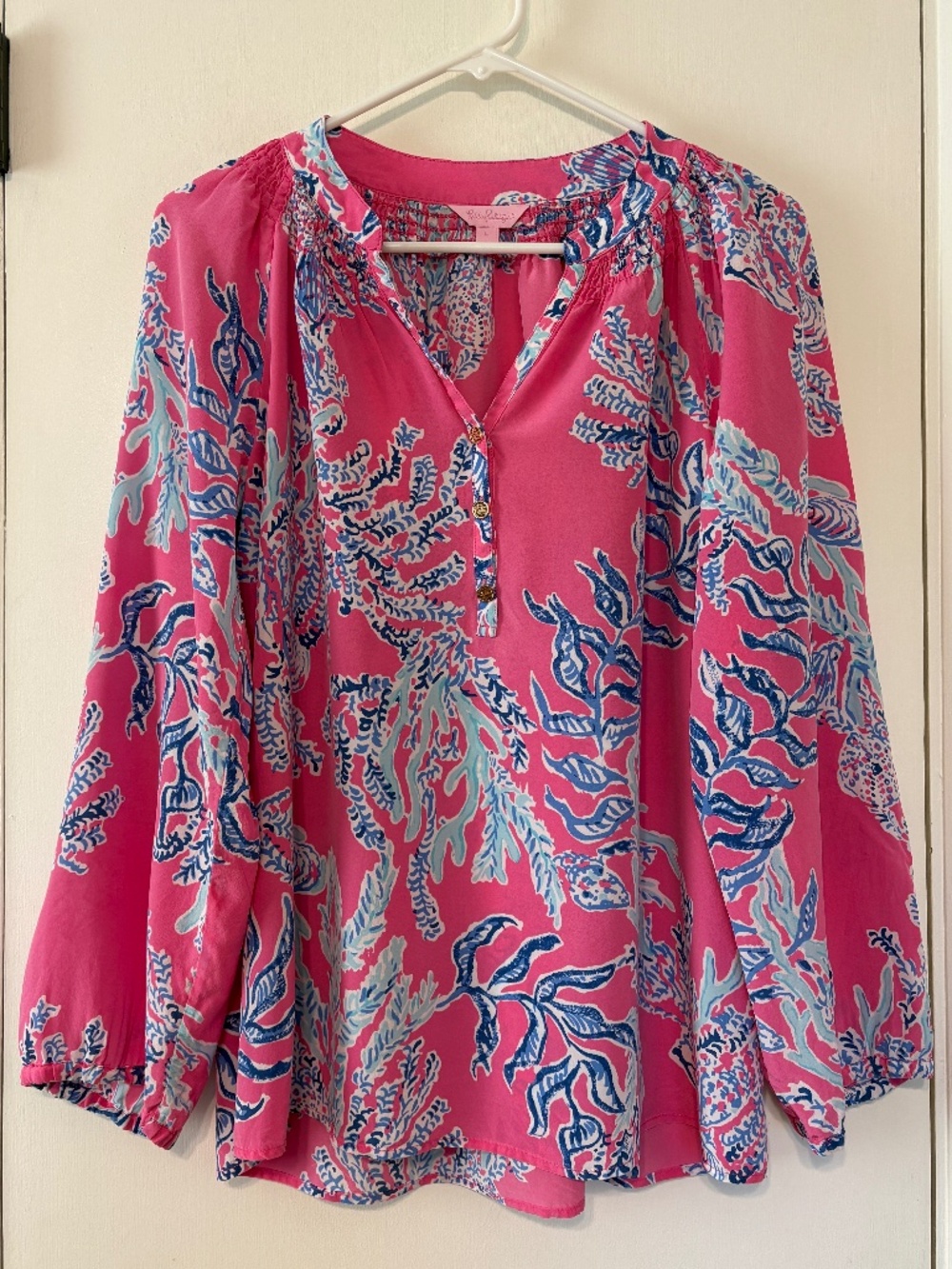 Lilly Pulitzer Women's L/S Silk Elsa Shirt Top Blouse L Pink/Blue Coral Print